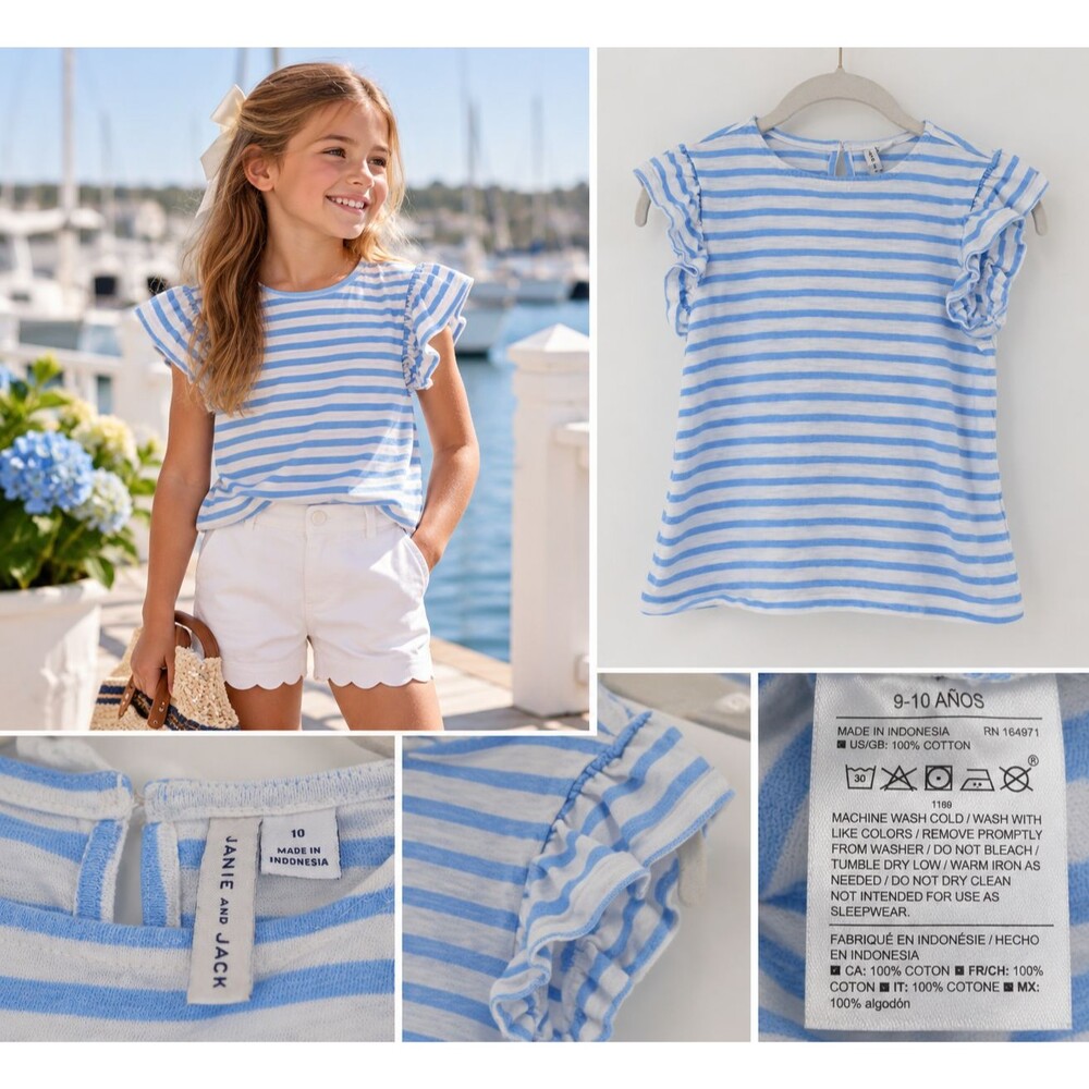 Janie and Jack Girls 10 Blue White Stripe Top Flutter Sleeve Coastal Preppy